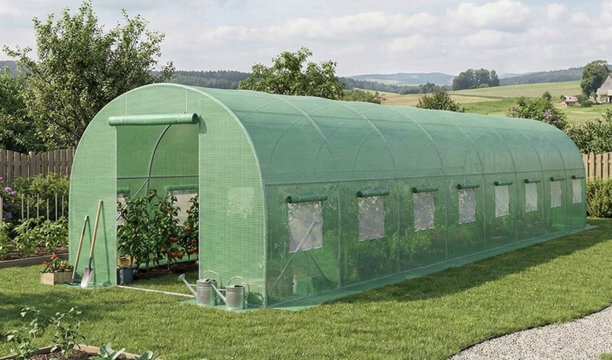 Садова плівка для теплиці 24м2 3x8x2m FT-3X8X2-Z з двома входами зелена армована 140 г/м&sup2; з UV‑фільтром FT-3X8X2-Z фото